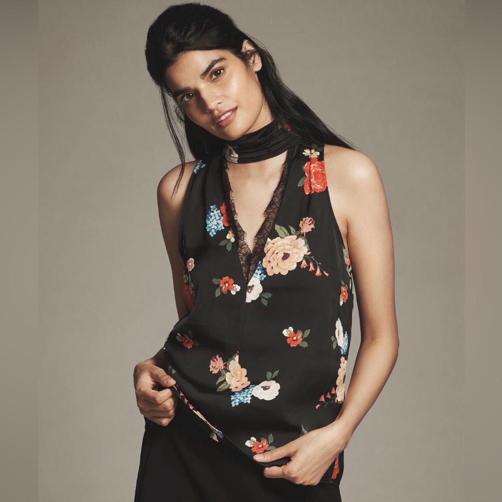Anthropologie Black Floral Silky Halter top